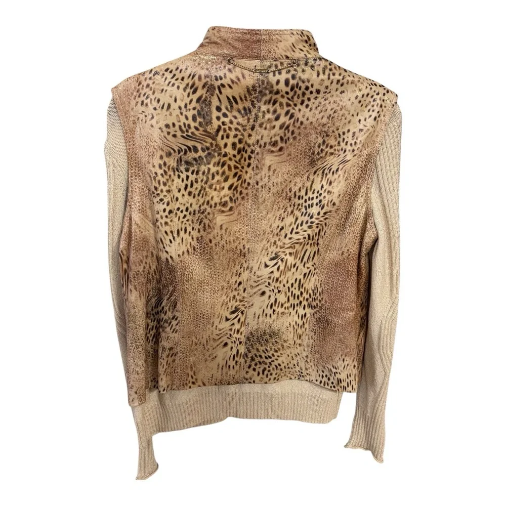 NWOT St John Sport Animal-Print Leather Zip Front Vest Knit Sweater Sz L